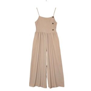 i love it Women's Wide Leg Spaghetti Strap Button Front Jumpsuit Tan M